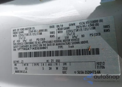 2019 Ford F-250 Xl from USA, damaged, VIN 1FT7W2AT1KEG30861